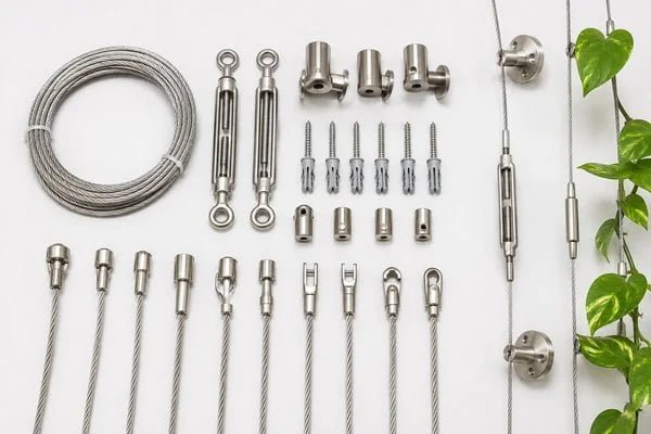 cable systems for large green wall projects with tensioners and wall anchors
