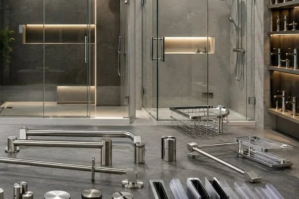 frameless shower hardware range with hinges clamps handles and seals