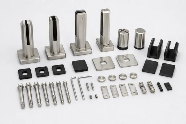 glass pool fencing hardware system parts including spigots gaskets caps anchors and screws