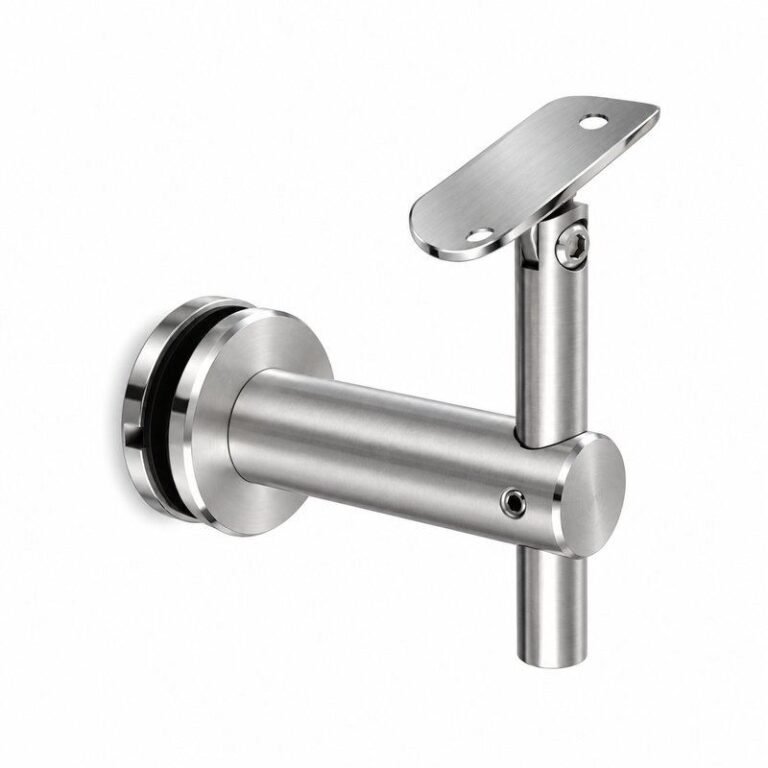 Pivoting Glass Handrail Bracket — Satin silver with bright-edge appearance concept