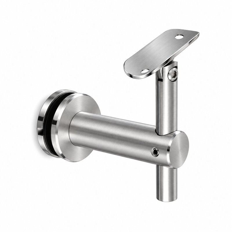 Pivoting Glass Handrail Bracket — Satin silver with bright-edge appearance concept