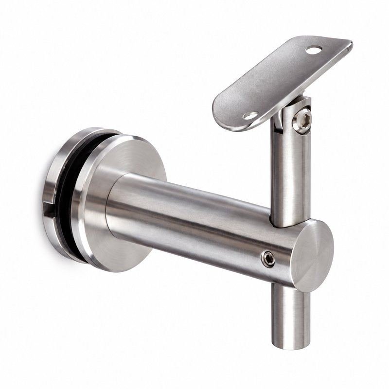 Pivoting Glass Handrail Bracket — Satin silver with bright-edge appearance concept