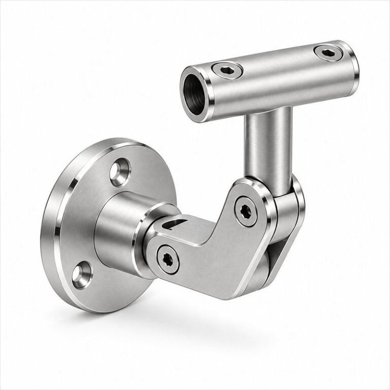 Articulated Wall Handrail Sleeve Bracket — Satin silver with bright-edge appearance concept