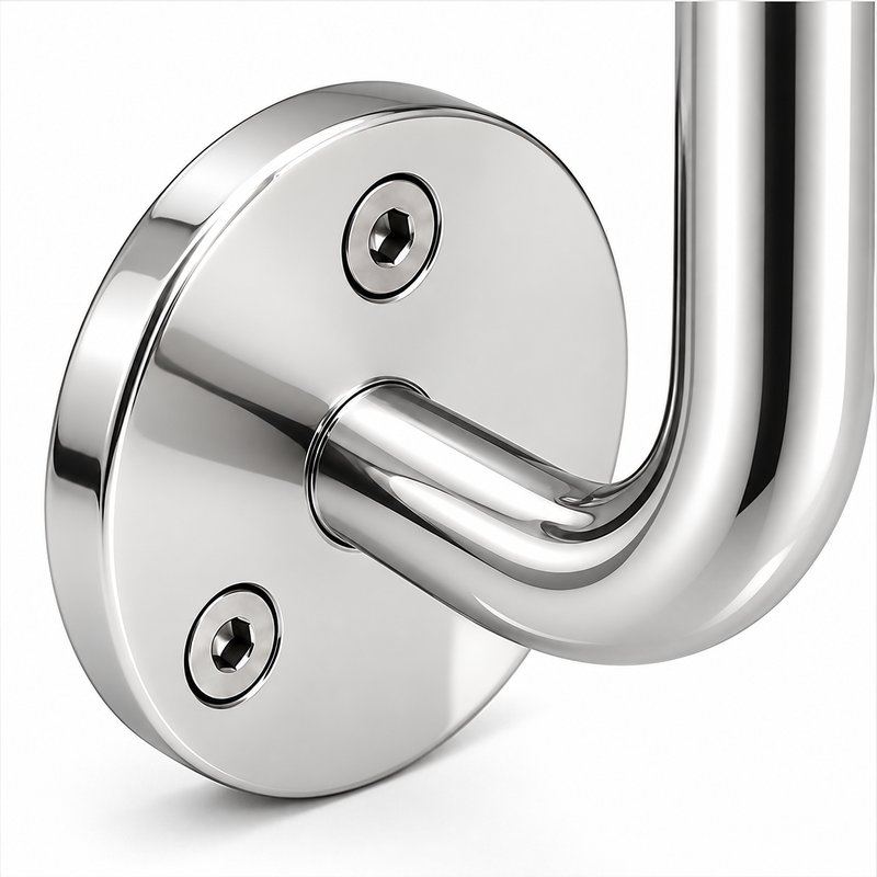 Curved Arm Circular Wall Handrail Bracket — Reflective silver appearance concept