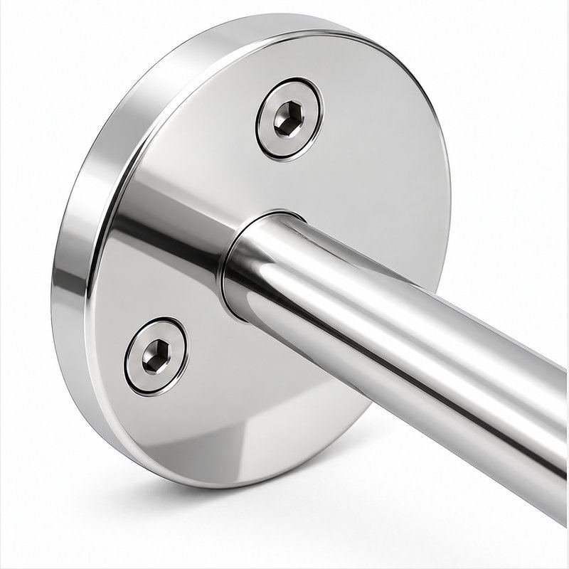 Curved Arm Circular Wall Handrail Bracket — Reflective silver appearance concept