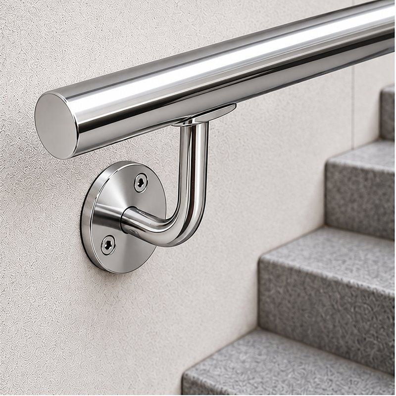 Curved Arm Circular Wall Handrail Bracket — Reflective silver appearance concept