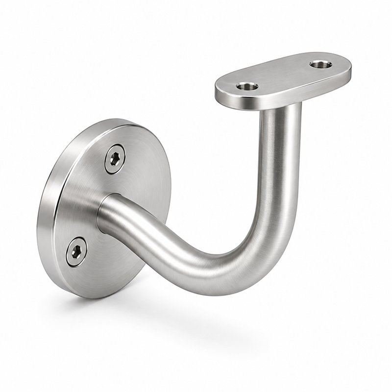 Curved Arm Circular Wall Handrail Bracket — Satin silver with bright-edge appearance concept