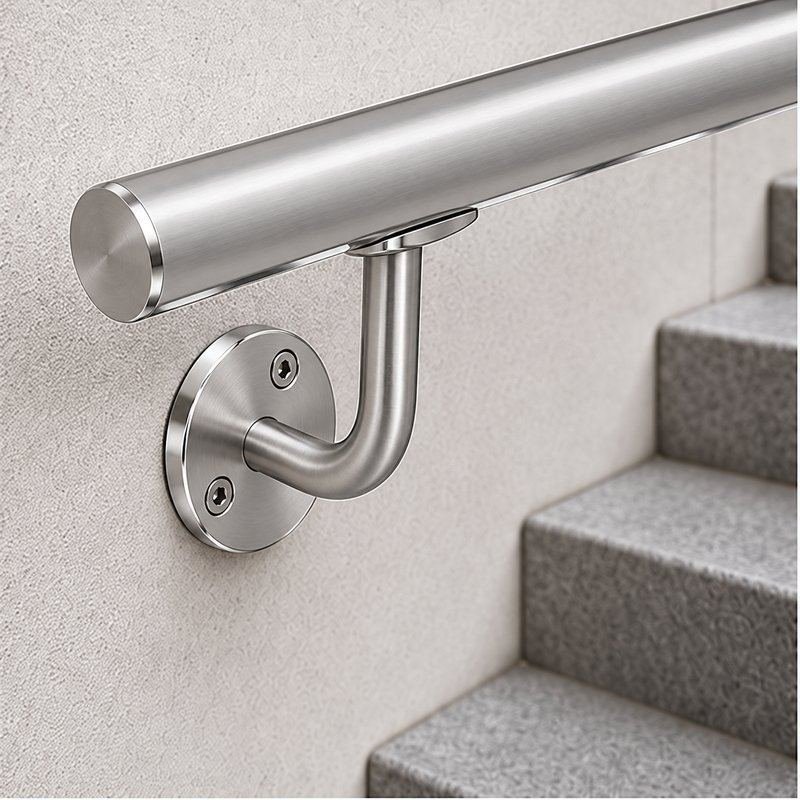 Curved Arm Circular Wall Handrail Bracket — Satin silver with bright-edge appearance concept