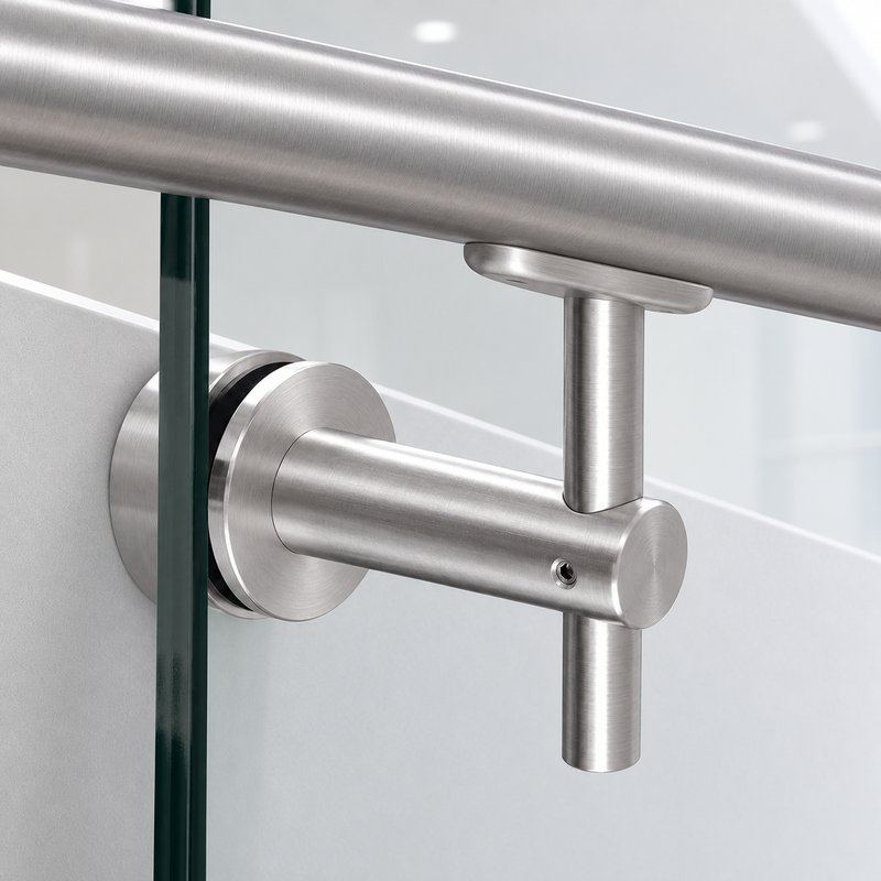 Fixed Glass Mounted Handrail Bracket — Fine-brushed silver appearance concept
