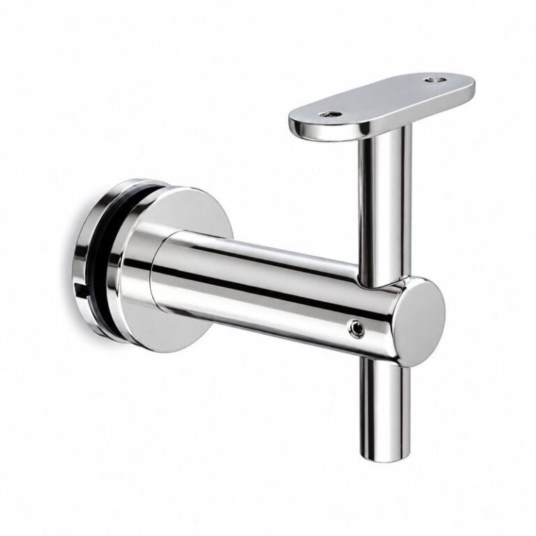 Fixed Glass Mounted Handrail Bracket — Reflective silver appearance concept