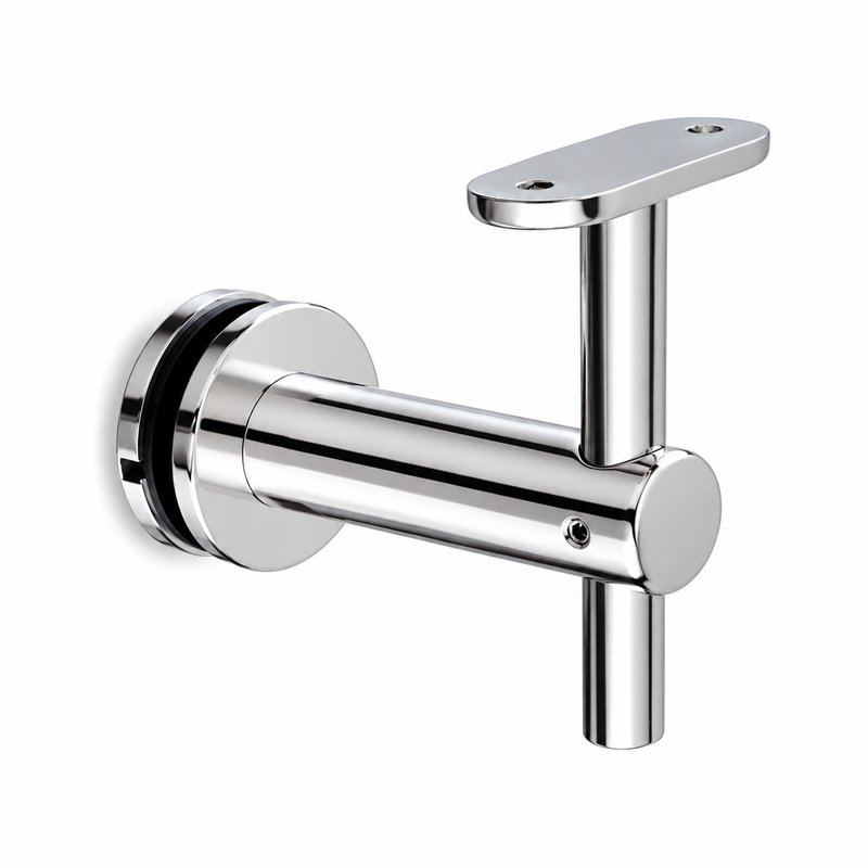 Fixed Glass Mounted Handrail Bracket — Reflective silver appearance concept