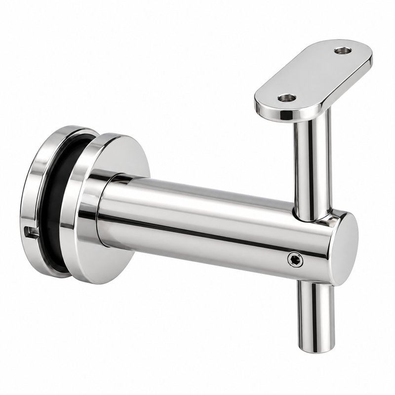 Fixed Glass Mounted Handrail Bracket — Reflective silver appearance concept