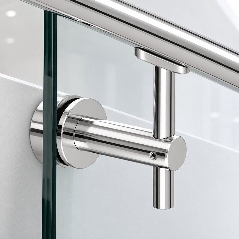 Fixed Glass Mounted Handrail Bracket — Reflective silver appearance concept