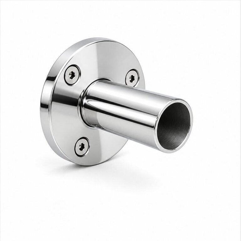 Round Tube Wall Flange Connector — Reflective silver appearance concept
