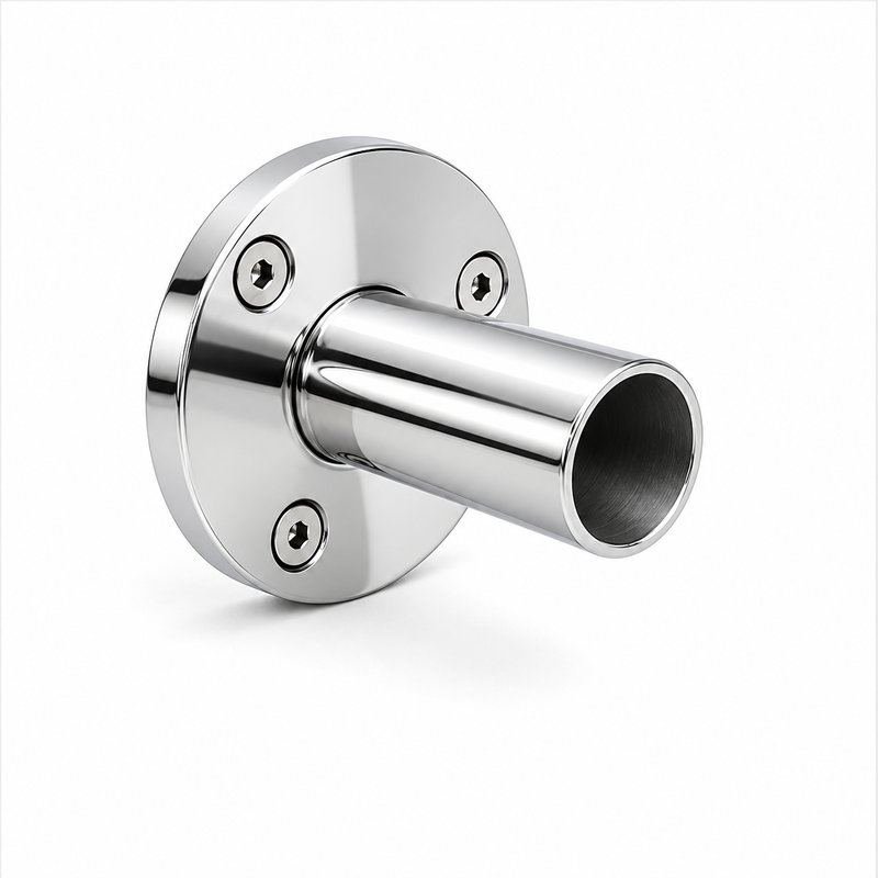 Round Tube Wall Flange Connector — Reflective silver appearance concept