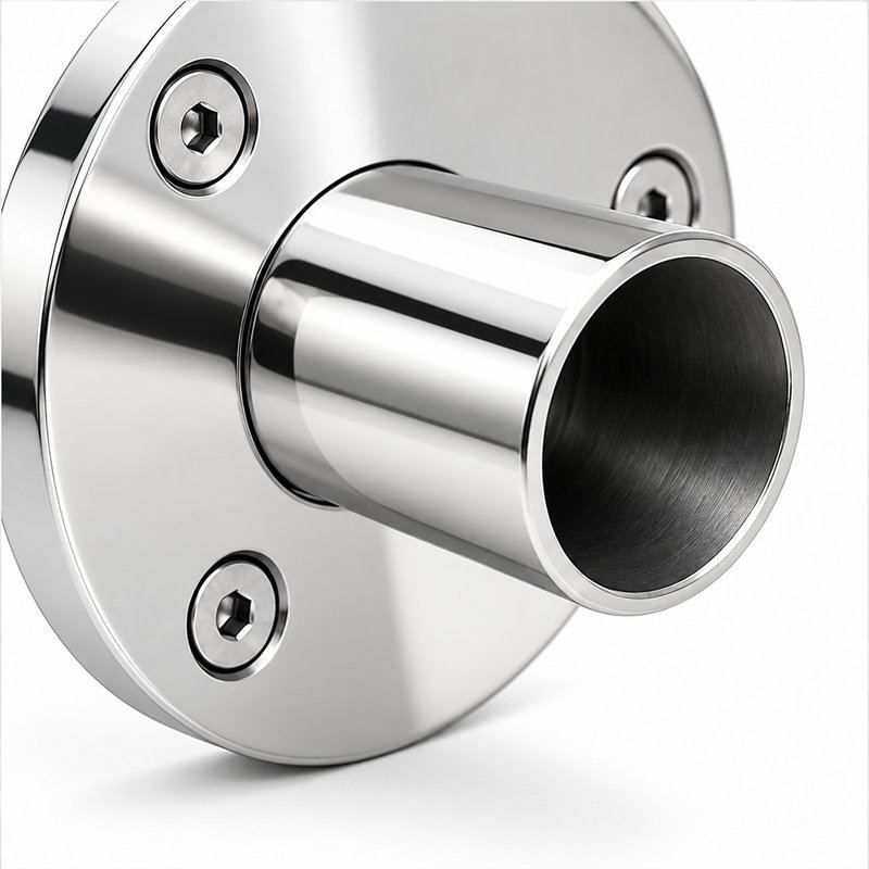 Round Tube Wall Flange Connector — Reflective silver appearance concept