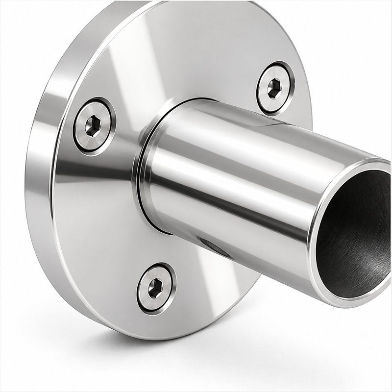 Round Tube Wall Flange Connector — Reflective silver appearance concept