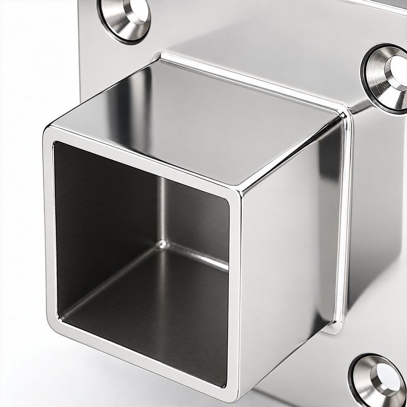 Square Tube Wall Flange Connector — Reflective silver appearance concept