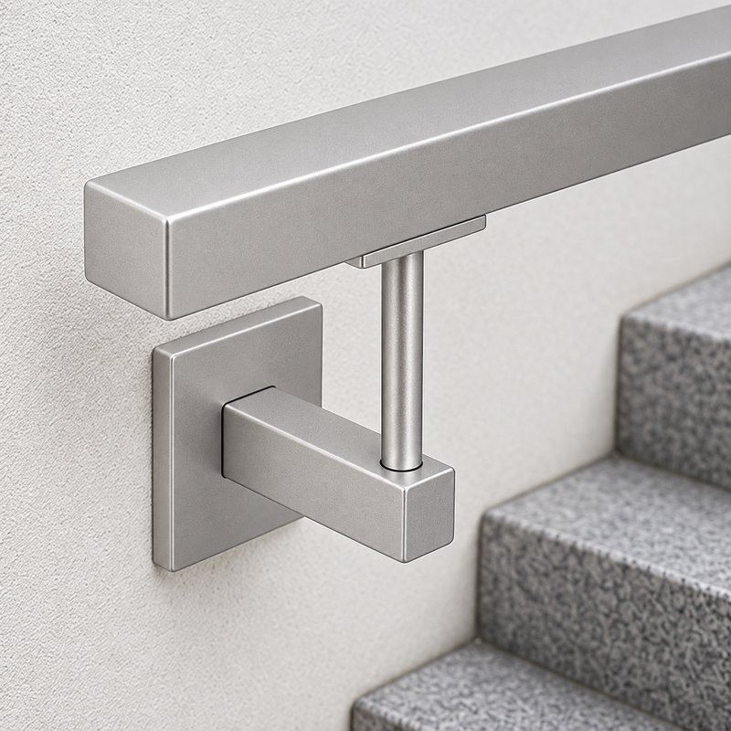 Square Cover Round Stem Handrail Bracket — Matte silver appearance concept