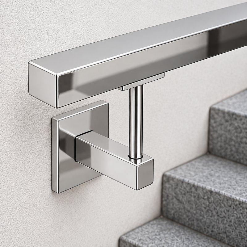 Square Cover Round Stem Handrail Bracket — Reflective silver appearance concept