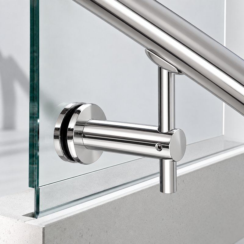 Pivoting Glass Handrail Bracket — Reflective silver appearance concept — SSR-089