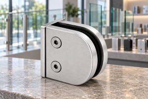 Glass clamp product sample with a glass railing showroom background