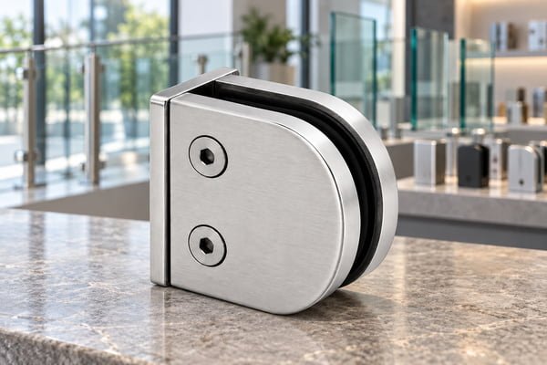 Glass clamp product sample with a glass railing showroom background
