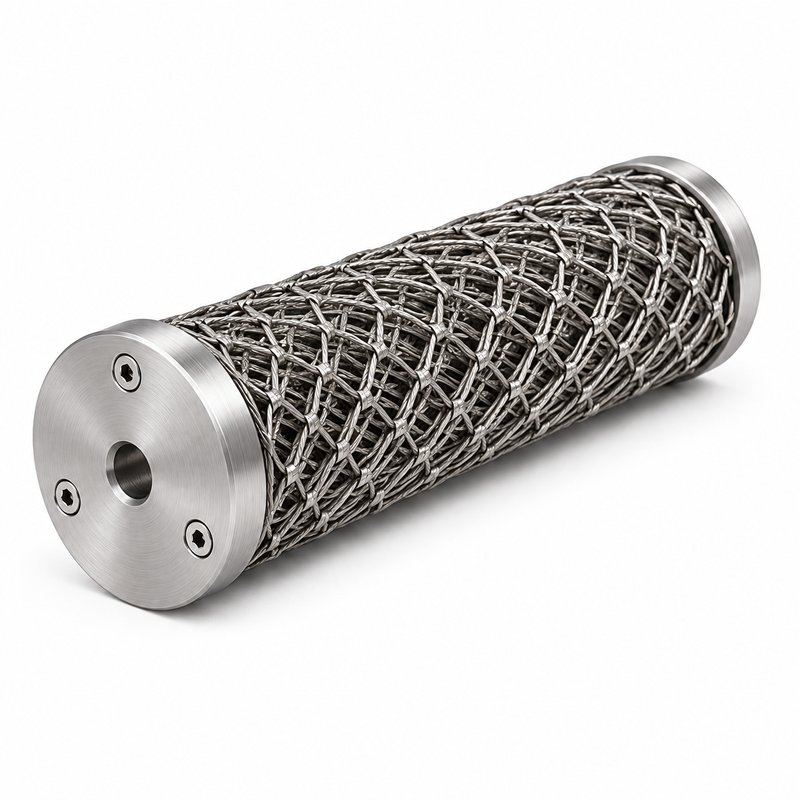 Cylindrical Metal Mesh Assembly — Fine brushed silver appearance