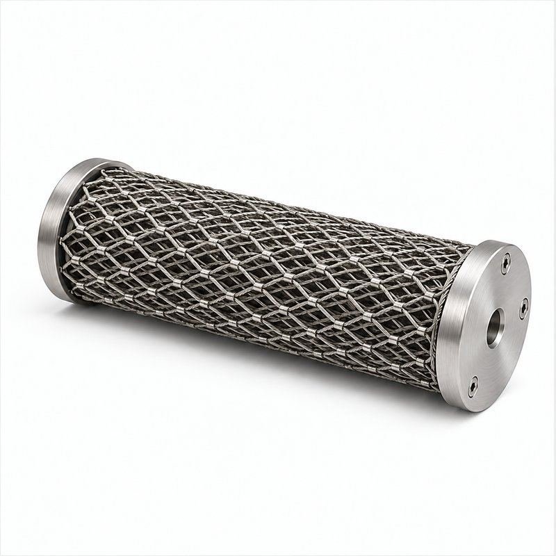 Cylindrical Metal Mesh Assembly — Fine brushed silver appearance