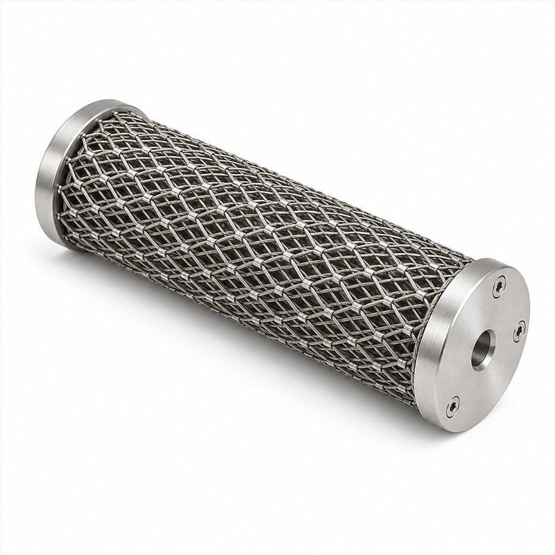 Cylindrical Metal Mesh Assembly — Matte silver appearance