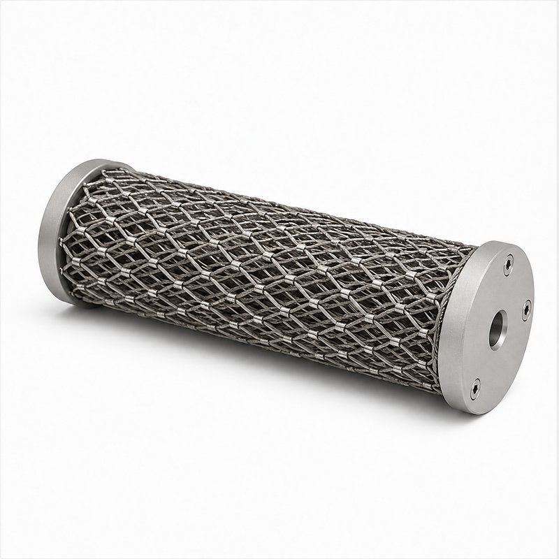 Cylindrical Metal Mesh Assembly — Matte silver appearance
