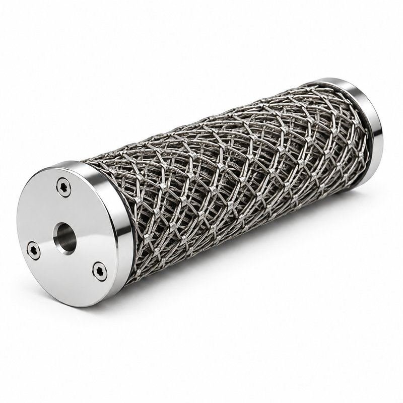 Cylindrical Metal Mesh Assembly — Polished silver appearance
