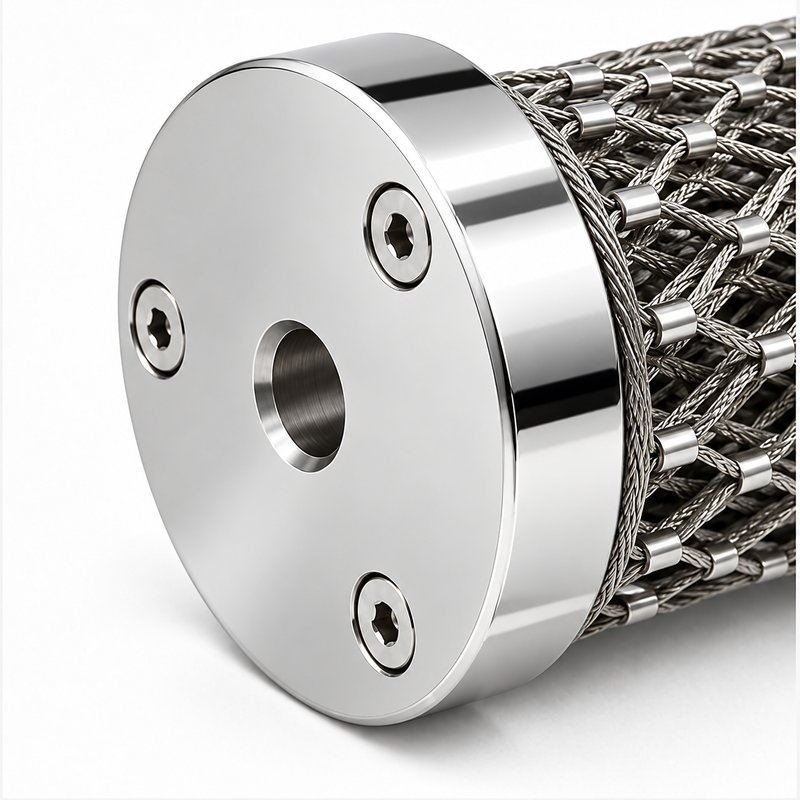 Cylindrical Metal Mesh Assembly — Polished silver appearance