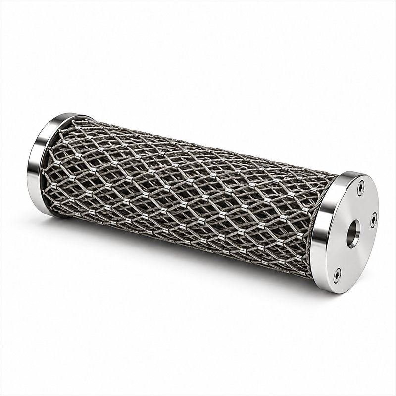 Cylindrical Metal Mesh Assembly — Polished silver appearance