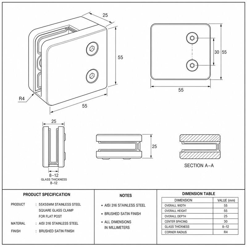 Square Glass Clamp with Vertical Face Screws