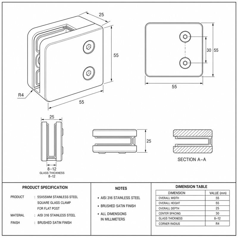 Matte Silver Square Glass Clamp with Vertical Face Screws