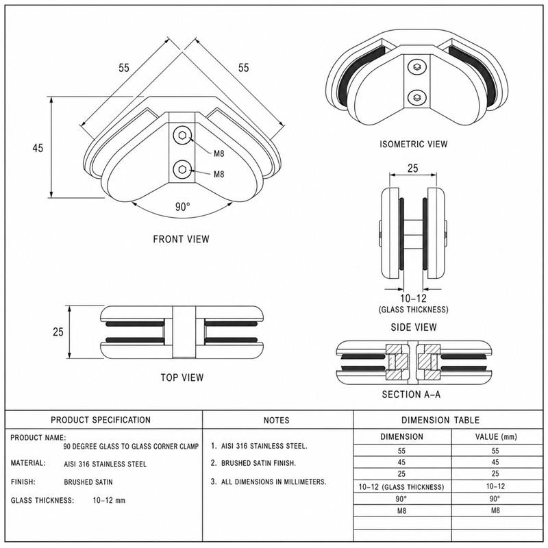 Right-angle Glass-to-glass Corner Clamp