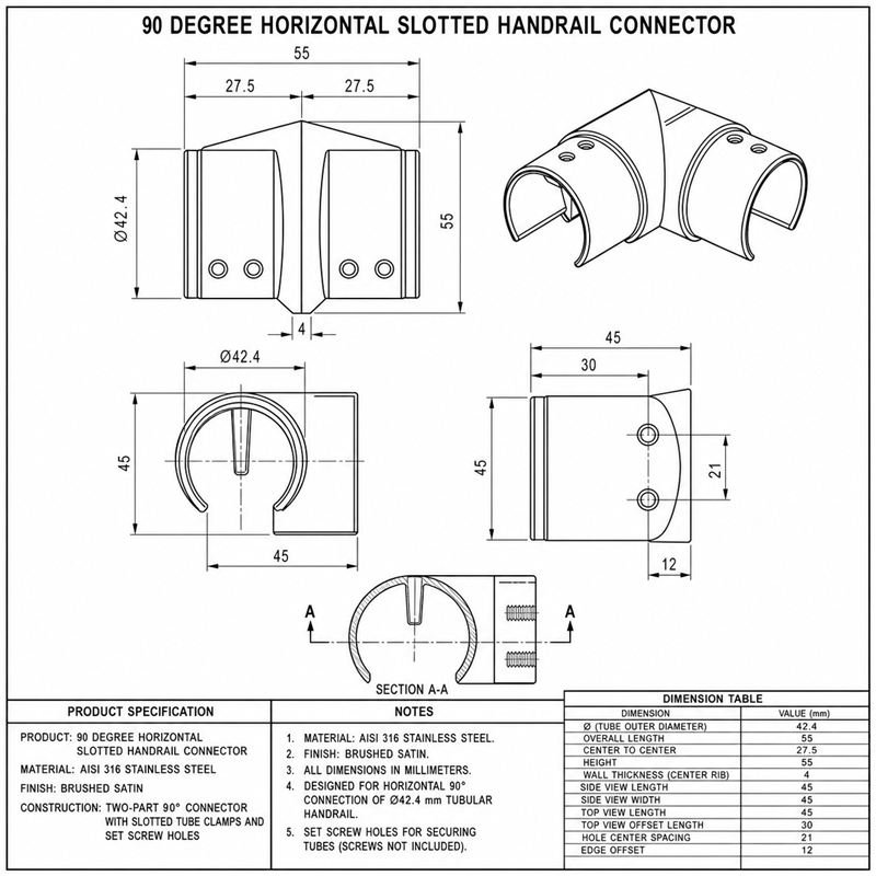 Horizontal Corner Connector for Round Slotted Handrail