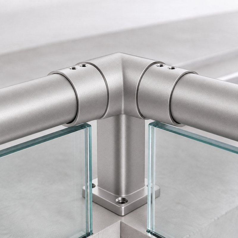 Matte Silver Horizontal Corner Connector for Round Slotted Handrail