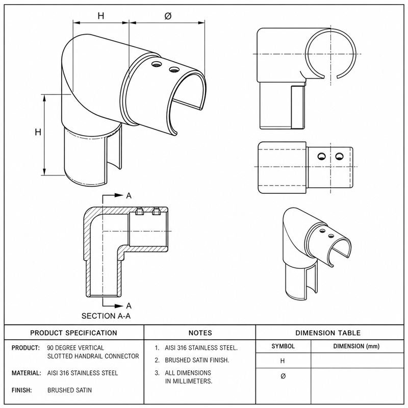 Reflective Silver Vertical Elbow for Round Slotted Handrail