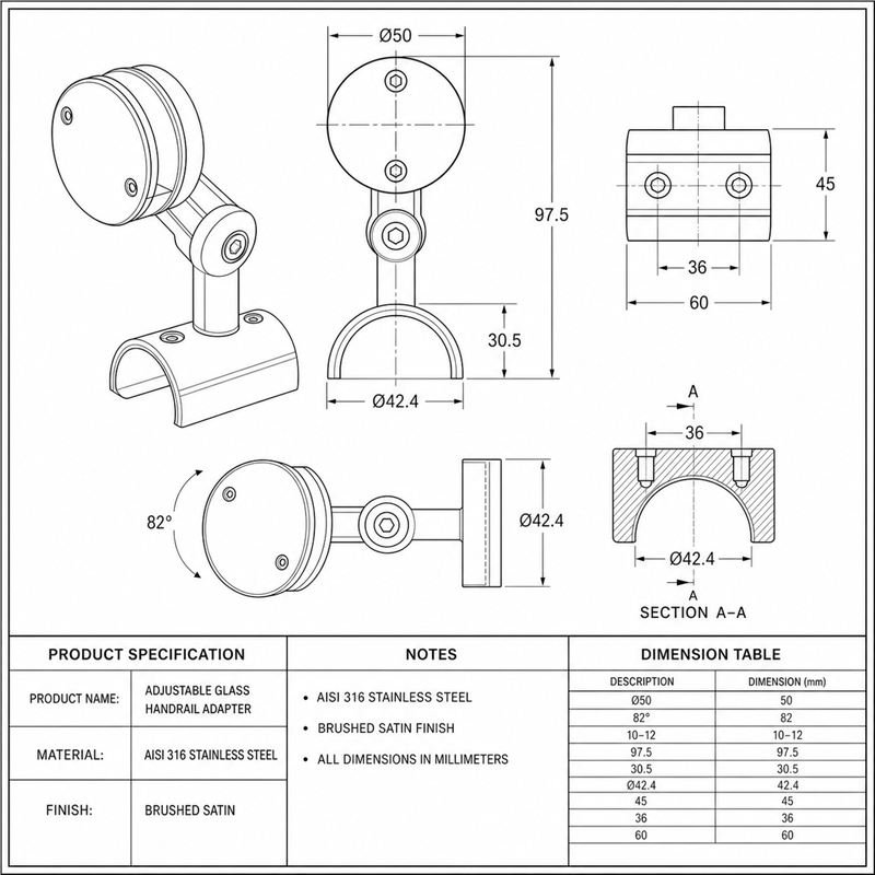 Pivoting Glass-mounted Handrail Saddle Bracket
