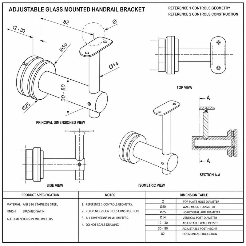 Matte Silver Straight-arm Glass-mounted Handrail Bracket