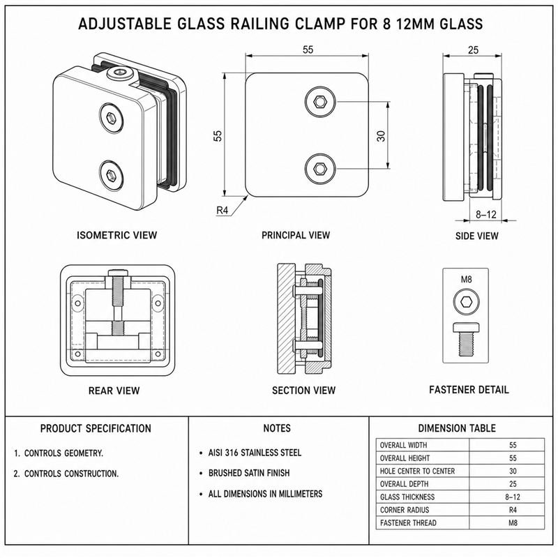 Reflective Silver Top-screw Glass Railing Clamp