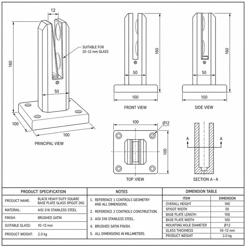 Black Pressure-pad Square-base Glass Spigot
