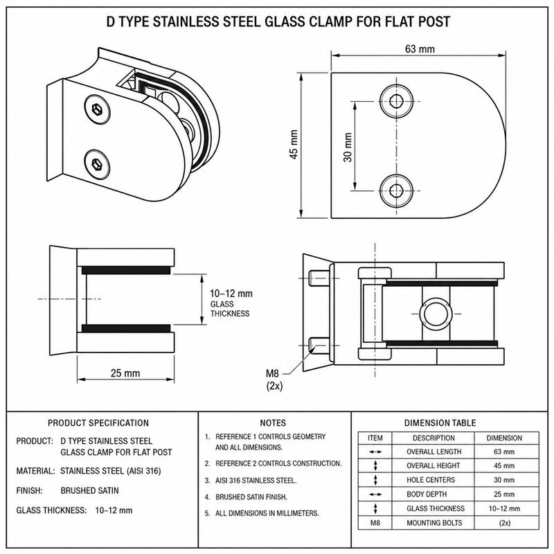 Reflective Silver Curved-seat D-shaped Glass Clamp