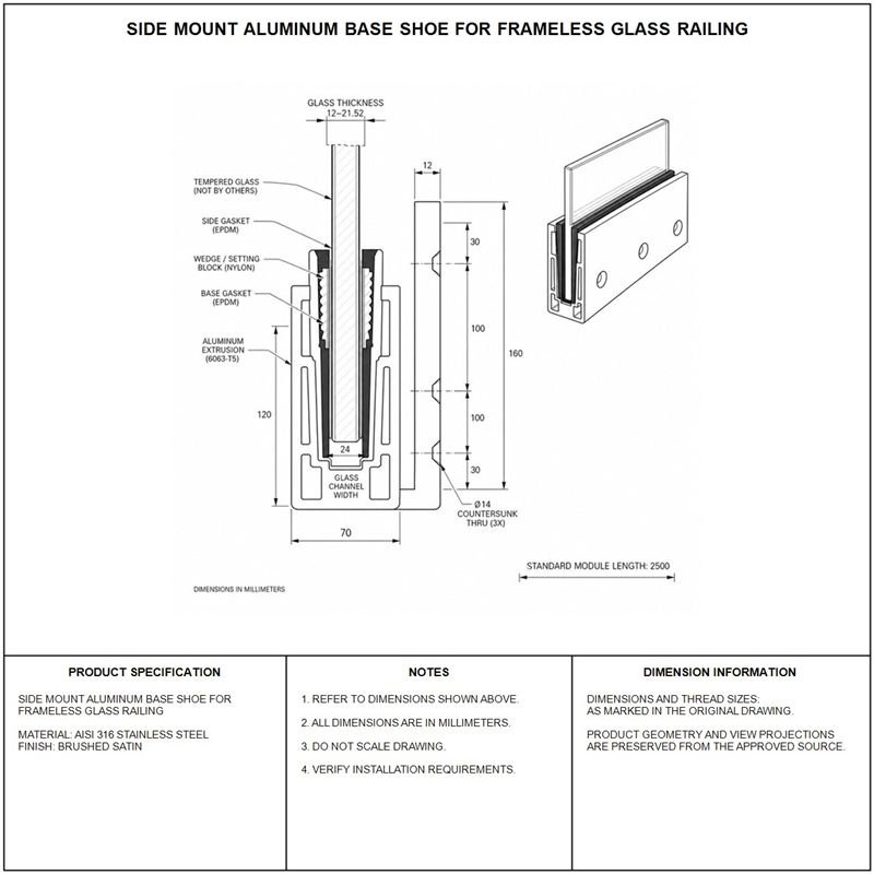 Reflective Silver Side-fixing Glass Railing Base Shoe