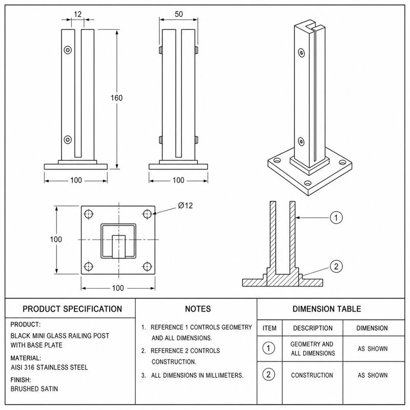 Matte Silver Slotted Mini Glass Railing Post