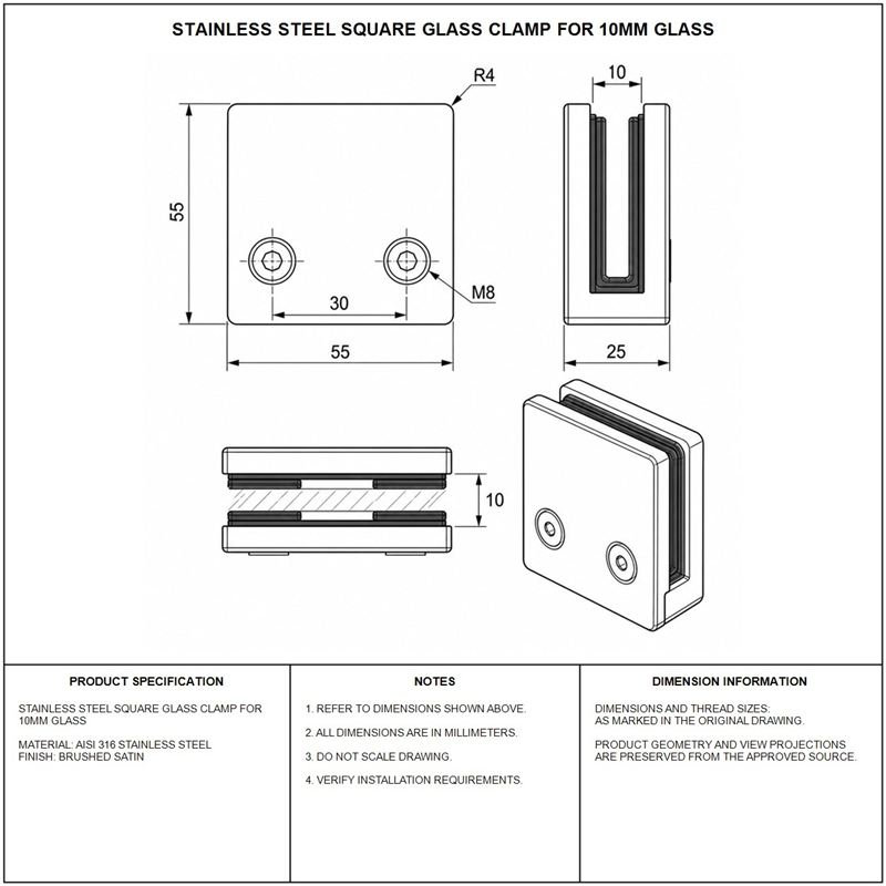 Square Glass Clamp with Lower Face Screws