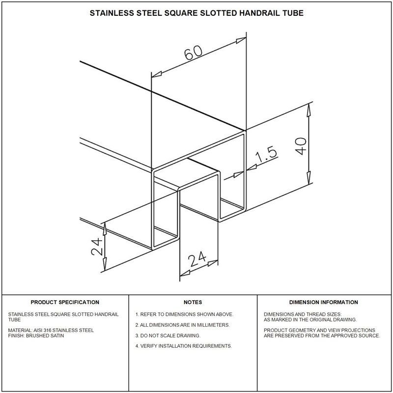 Reflective Silver Square Slotted Glass Handrail Tube