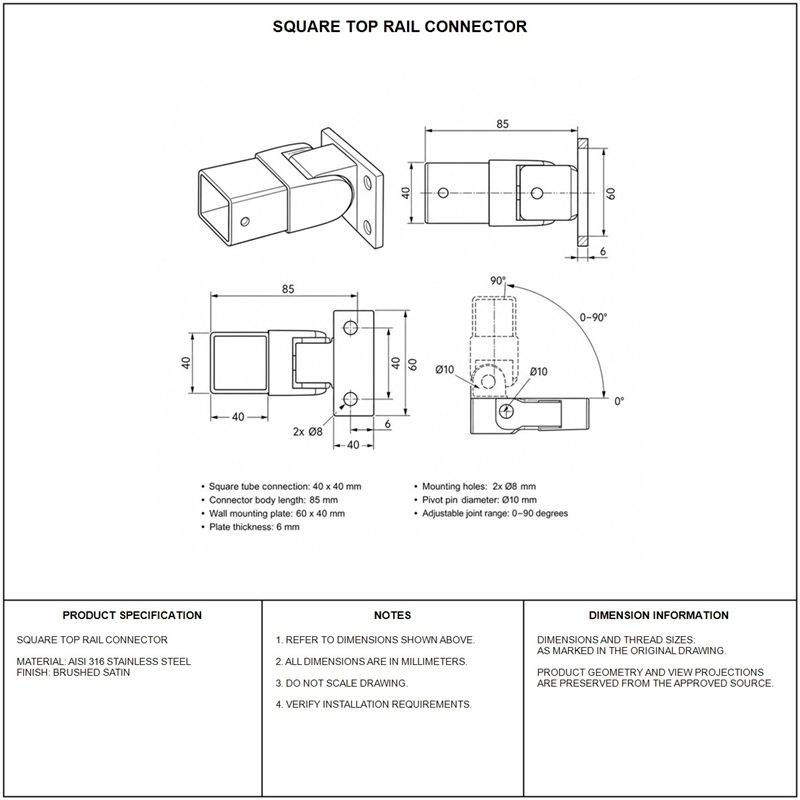Pivoting Square Handrail Wall Connector